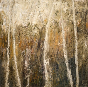 Ann Rogan "Silver Birch" Oil and oil stick on canvas 60x60cm framed    $750